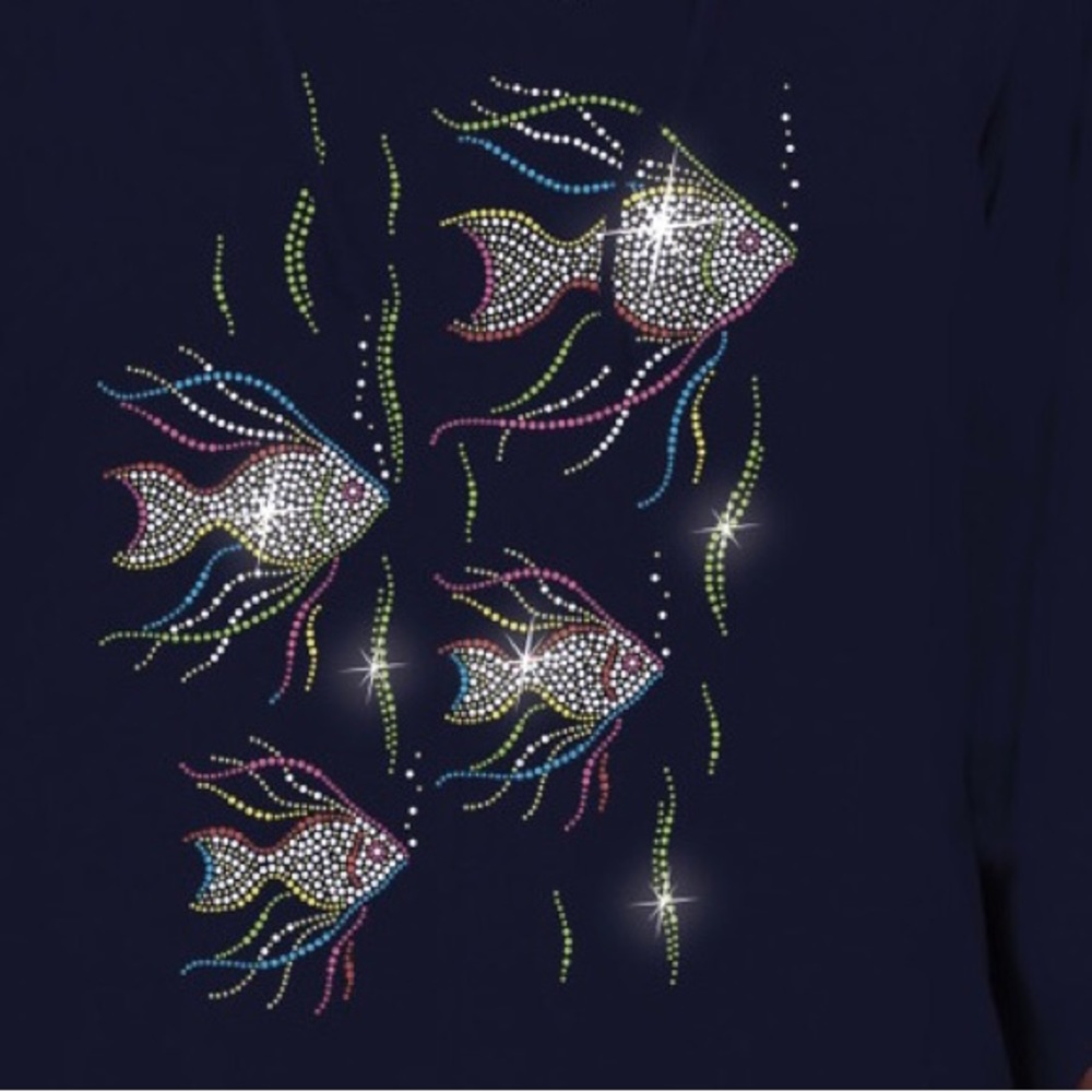 New shirt 4 fish rhinestones multicolor 3/4 sleeve black shirt